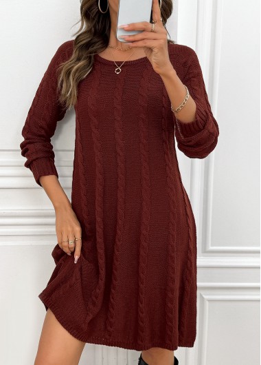 Modlily Wine Red A Line Long Sleeve Round Neck Dress - S