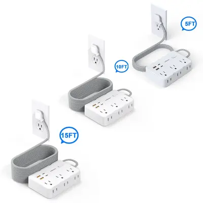 Power Strip Surge Protector with 6 Outlets & 4 USB Ports, 1 Count 2-Side Outlet Extender Strip, 5/10/15 Ft Extension Cord Fla...