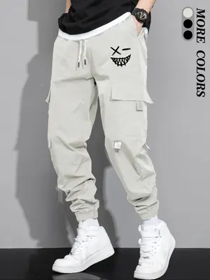 Men's New Trendy Cartoon Expression Graphic Print Drawstring Cargo Pants, Regular Fit Streetwear Flap Pocket Design Pants, Me...