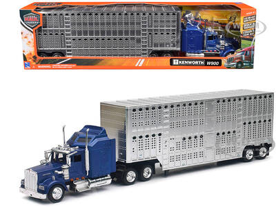 Kenworth W900 Truck Blue with Potbelly Livestock Trailer Chrome \
