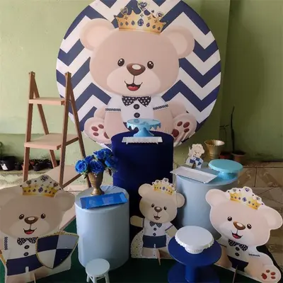 Aperturee Dark Blue Stripes Round Teddy Bear Baby Shower Backdrop | Round Baby Shower Backdrop | Baby Shower Round Backdrop |...