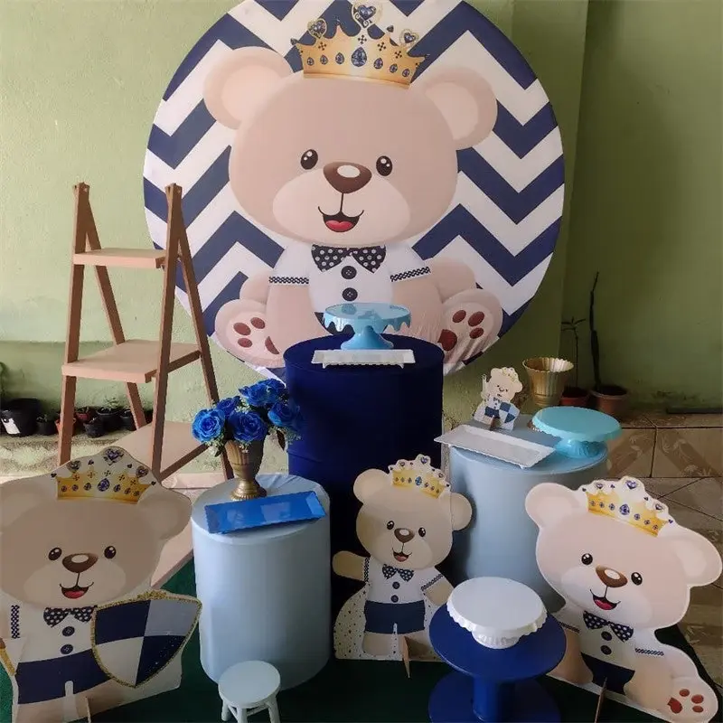 Aperturee Dark Blue Stripes Round Teddy Bear Baby Shower Backdrop | Round Baby Shower Backdrop | Baby Shower Round Backdrop |...