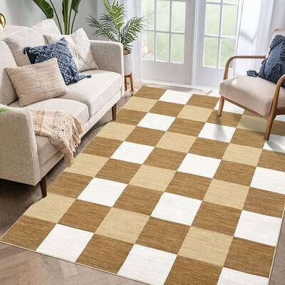 Garvee Modern Plaid 10x13 Large Area Rug, Soft Non-Slip Carpet 10x13 Living Room Rug Checkered Brown Taupe & Cream Rug for Be...