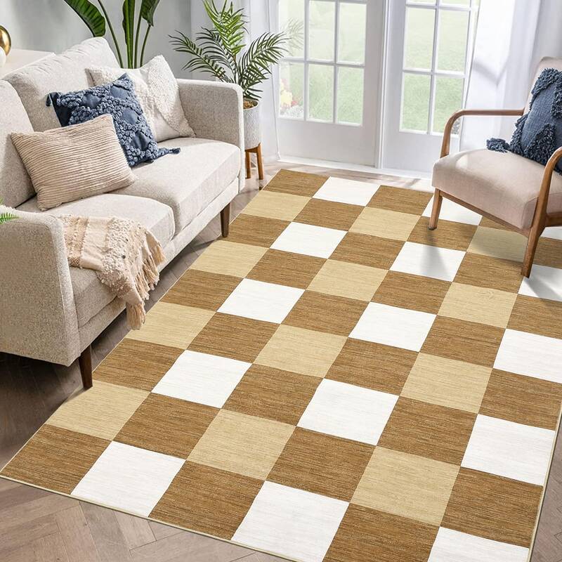 Garvee Modern Plaid 10x13 Large Area Rug, Soft Non-Slip Carpet 10x13 Living Room Rug Checkered Brown Taupe & Cream Rug for Be...