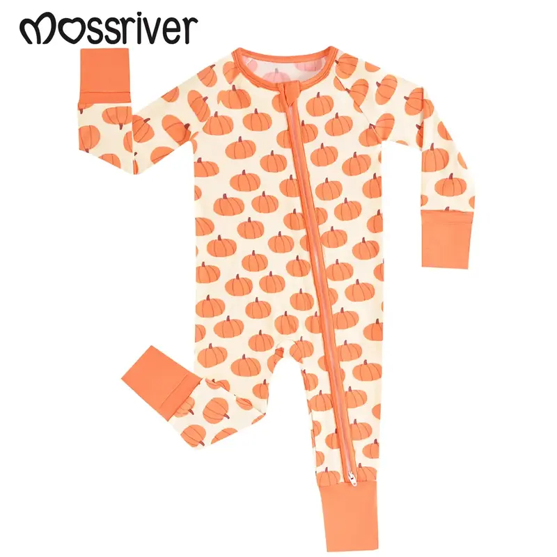 MOSSRIVER Halloween Baby Long-Sleeve Pajamas - Super Soft Bamboo One-Piece with Pumpkin Print, Footies & Mittens, Double Zipp...