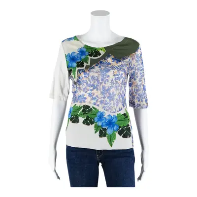 ARGENTINOVIVO Mesh Hawaiian Style Top Blue Floral Short Sleeve Womens M