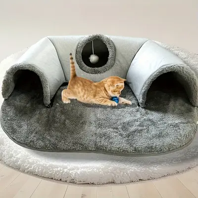Three-In-One Comfort Cat Tunnel Bed Mat with Non-Slip Base, Play Pad & Warm Nest for Small to Medium Cats, Rabbits & Hamsters