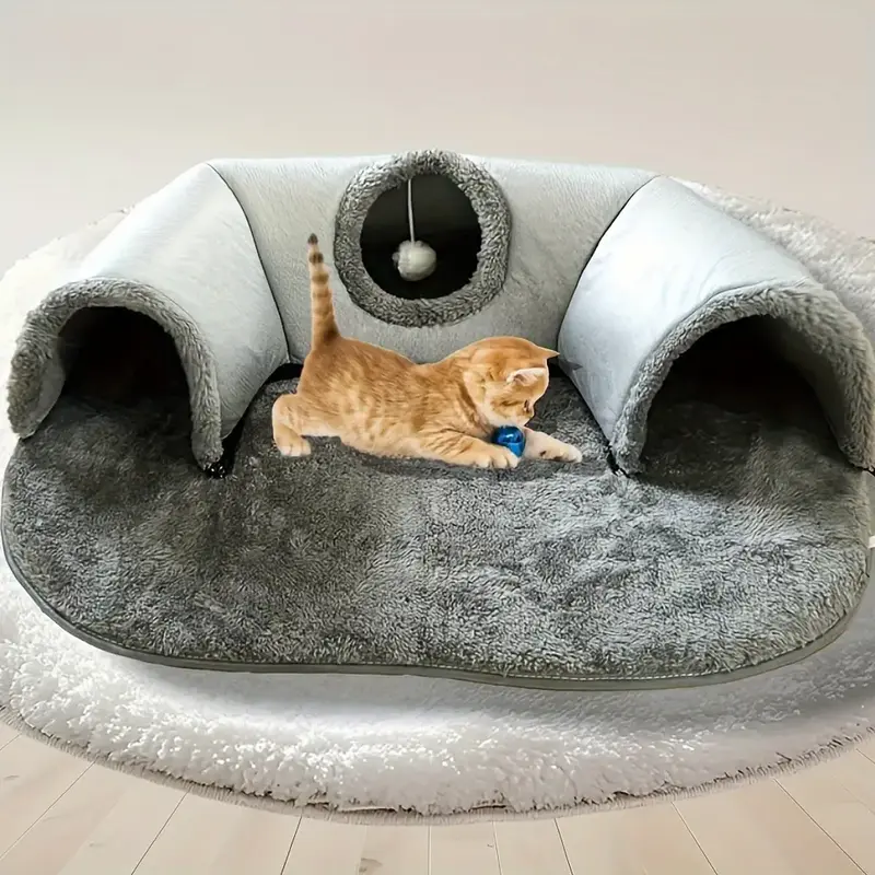 Three-In-One Comfort Cat Tunnel Bed Mat with Non-Slip Base, Play Pad & Warm Nest for Small to Medium Cats, Rabbits & Hamsters