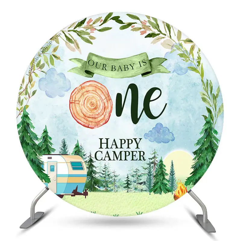 Aperturee Watercolor Forest Camper Round 1St Birthday Backdrop | Round Party Backdrop | Round Birthday Backdrop Cover | Round...