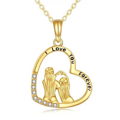 14K Gold Cubic Zirconia Mother & Daughter Heart Pendant Necklace with Engraved Word