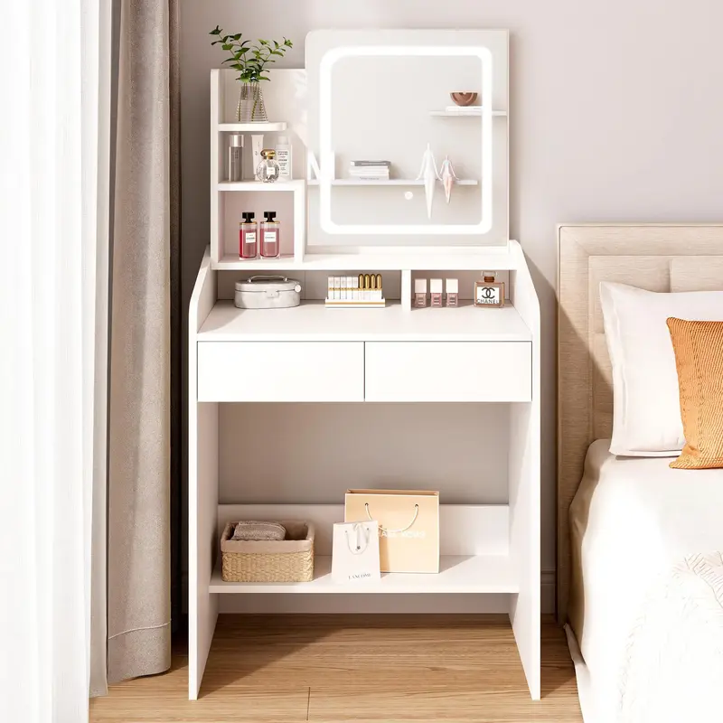 【Fall Deals For You】WeCharmer Vanity Desk Set with Square Mirror, 23.62''D x 15.74''W x 53.93''H, Includes 2 Drawers, 3 S...