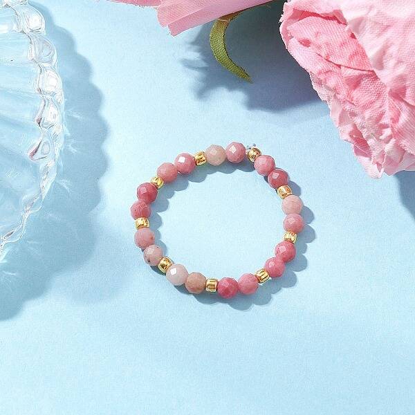 Natural Rhodonite Beaded Stretch Rings for Women
