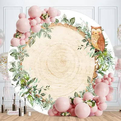 Aperturee Green Leave And Owl Round Wooden Backdrop For Birthday