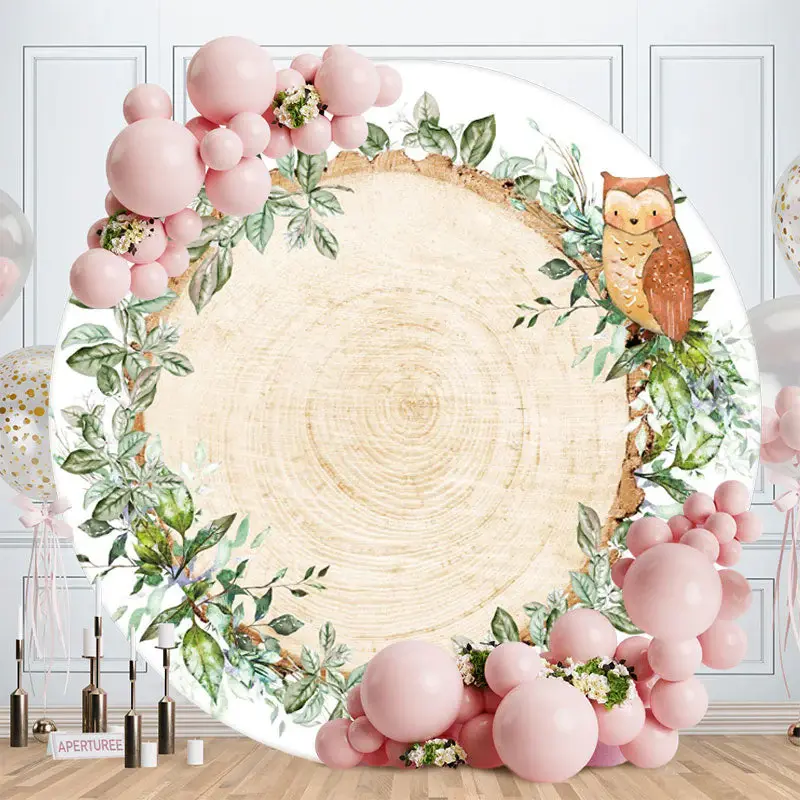 Aperturee Green Leave And Owl Round Wooden Backdrop For Birthday