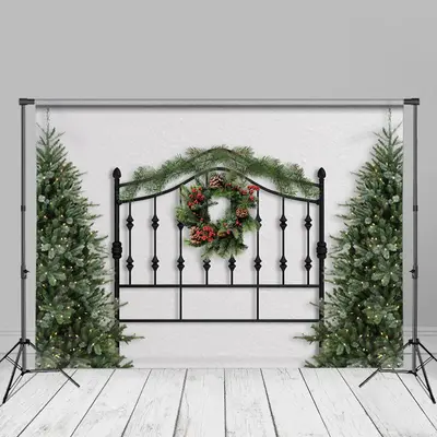 Black Iron Fence Christmas Wreath Trees Party Backdrop - Aperturee