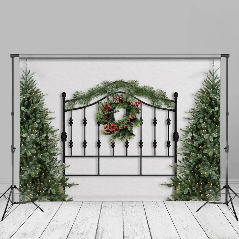 Black Iron Fence Christmas Wreath Trees Party Backdrop - Aperturee