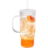32oz Ribbed Glass Cup with Handle glass Lid and Plastic Straw, Glass Tumbler, Iced Coffee Cups Hot/Cold Drinks