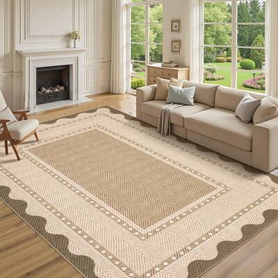 Garvee Washable Area Rug 10x13 Modern Neutral Border Pattern, Low Pile Soft Polyester, Non-Slip Stain-Resistant, Machine Wash...