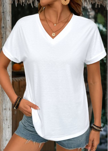 Modlily White Short Sleeve V Neck T Shirt - M