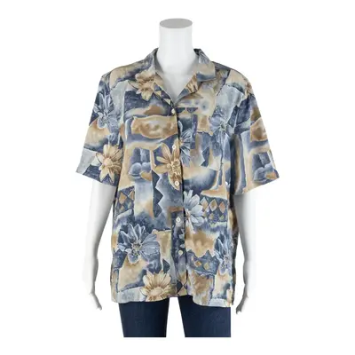 ALRED DUNNER Abstract Blouse Blue 90s Collared Floral Short Sleeve Womens L