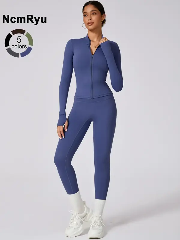 Women's Patchwork High Elastic Bare Sense Rountable Tie Thumb Buckle Zipper Long Sleeve High Waist Beautiful Hip Trousers Yog...