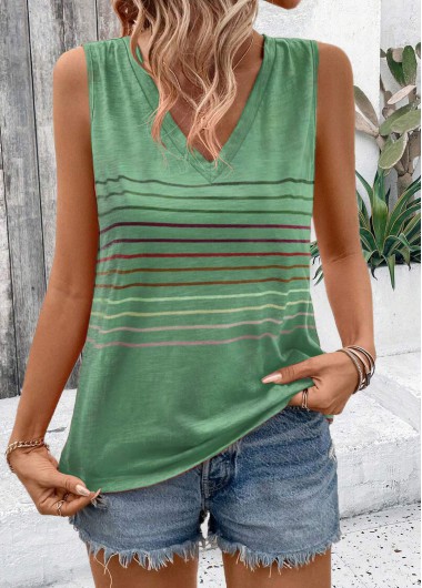 Modlily Green Striped Sleeveless V Neck Tank Top - XXL