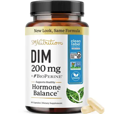 SM Nutrition DIM 200mg with BioPerine Once-Daily Capsules for Estrogen Metabolism Support Hormonal Balance Acne & Menopause R...