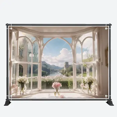 Blue Sky Cloud Mountain Spring Window Floral Backdrop - Aperturee