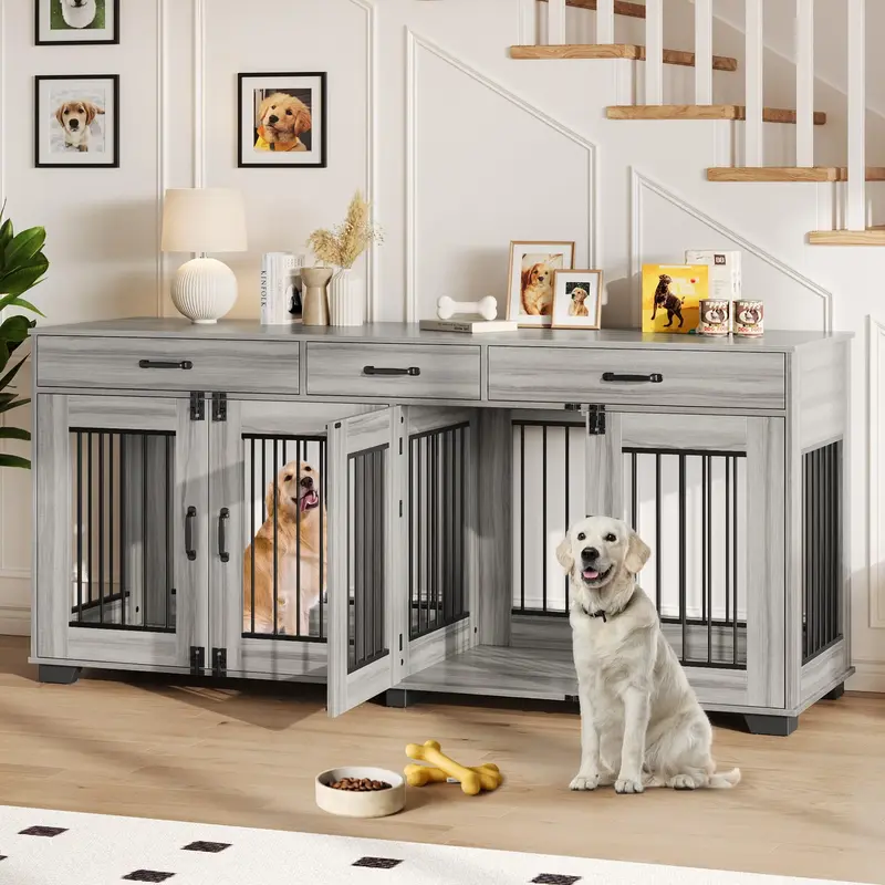 Garvee 71 Double Wooden Dog Crate Furniture for 2 Dogs, Heavy Duty, Spacious, MDF & Iron, Three-Drawer Storage, TV Stand, Sm...