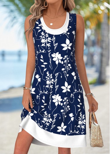 Modlily Navy Floral Print Tummy Coverage Sleeveless Scoop Neck Dress - M