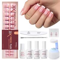 Beetles Gel Polish X Press Plus Press On Nails Tips Set, French Tip Pink Brown Short Square Almond Shape Natural Acrylic Nail...