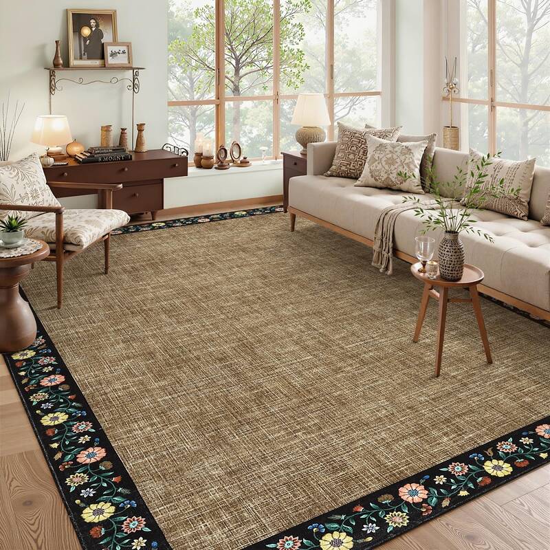 Garvee Bordered Brown 9x12 Washable Floral Bordered Living Room Rug Soft Low Pile Non-Slip TPR Backing Polyester Indoor Carpe...