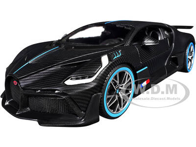 Bugatti Divo Carbon Fiber with Blue Accents Carbon Series - Bburago 50th Anniversary 1/18 Diecast Model Car by Bburago