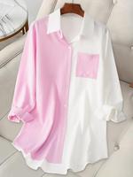 Women's Colorblock Pocket Button Front Curved Hem Shirt, Casual Long Sleeve Collared Top Blouse for Summer, Ladies Clothes fo...