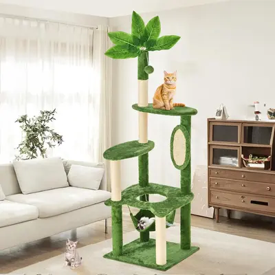【Fall Deals For You】WeCharmer Cat Tree / Tower for Indoor Cats with Green Leaves, Cat Condo Cozy Plush Cat House with Han...