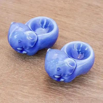 NOVICA Elephant Sisters Blue Ceramic Elephant Egg Cups from Thailand (Pair)