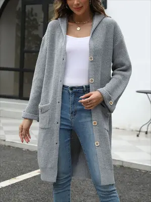 V-Neck LooseWomen's Hooded Button Down Cardigan 2025 Fall Long Sleeve Knit Sweater, Casual Chunky Open Front Oversized Outerw...