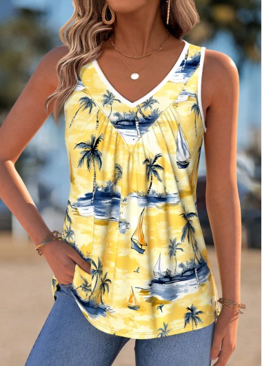 Modlily Ginger Tummy Coverage Tropical Plants Print Sleeveless Tank Top - L