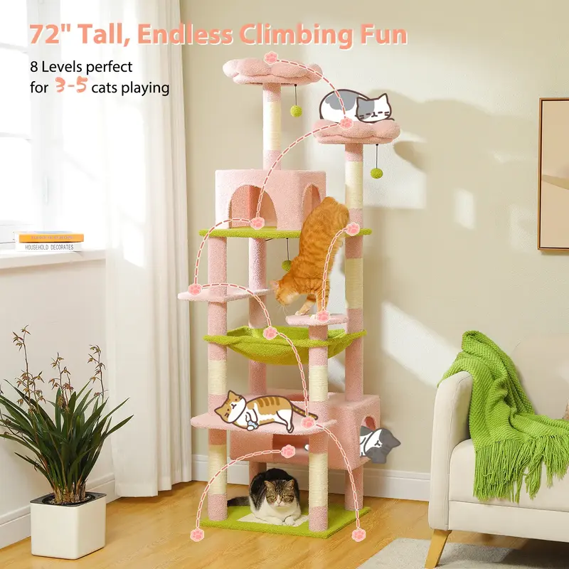 PAWZ Road Large 72 Inches flower/Cactus Cat Tree and Tower for Indoor Cats - With Sisal-Covered Scratching Posts, Padded Perc...