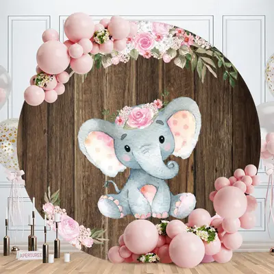Aperturee Pink Floral Elephants Round Baby Shower Backdrop
