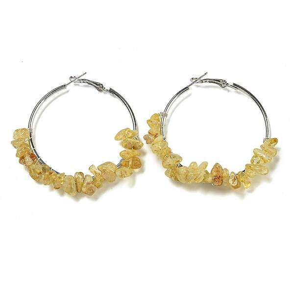 Alloy with Copper Wire Natural Yellow Quartz Hoop Earrings