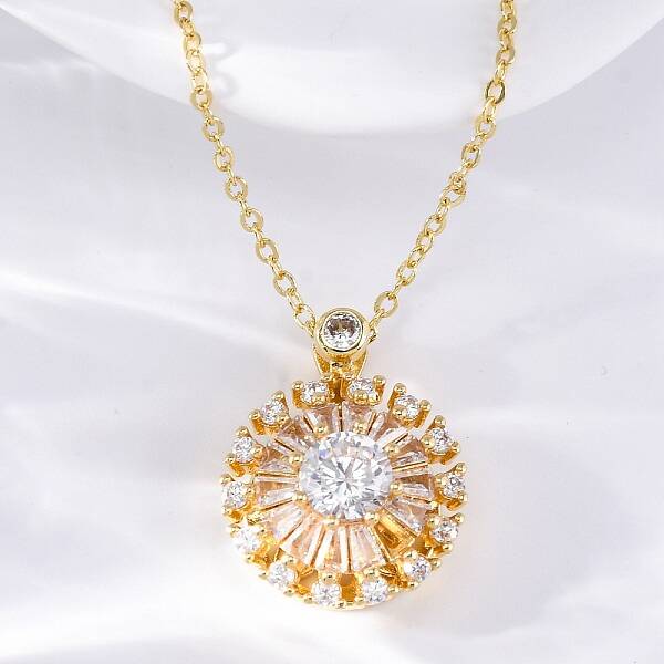 Brass Clear Cubic Zirconia Rotatable Sunflower Pendant Necklaces for Women