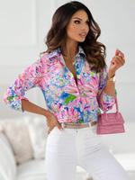 Women's Floral Print Button Front Shirt, Lady Casual Fitted Longsleeves Collared Top for Fall & Winter, Women's Clothes for D...