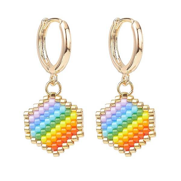 Rainbow Color Japanese Seed Braided Hexagon Dangle Hoop Earrings