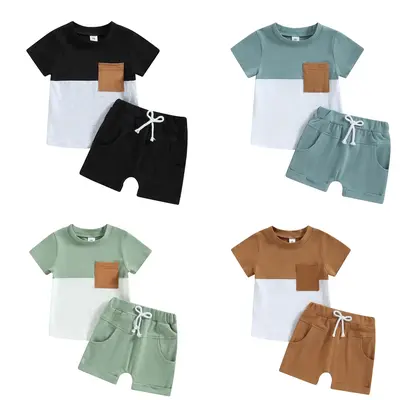 Toddler Baby Boy Two Piece Outfit Contrast Color Pocket Short Sleeve T-Shirt Tops Elastic Waist Shorts Summer Casual Beach Tr...