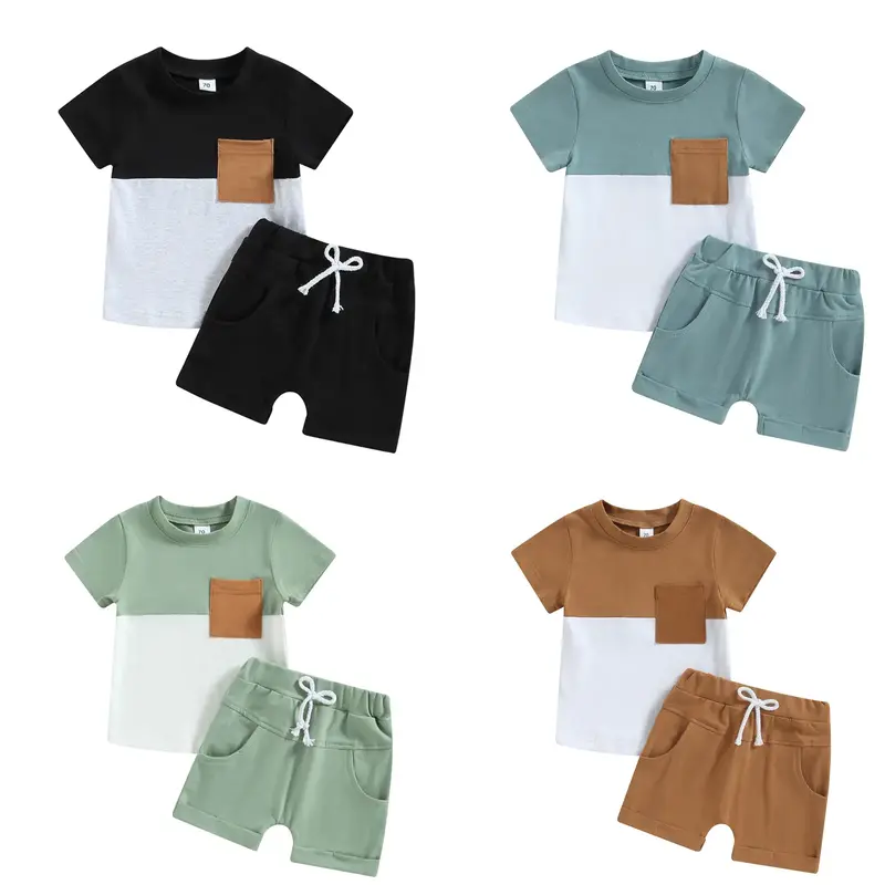 Toddler Baby Boy Two Piece Outfit Contrast Color Pocket Short Sleeve T-Shirt Tops Elastic Waist Shorts Summer Casual Beach Tr...