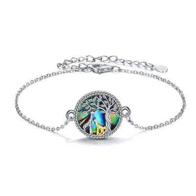 Sterling Silver Two-tone Circular Shaped Abalone Shellfish Giraffe & Tree Of Life Charm Bracelet