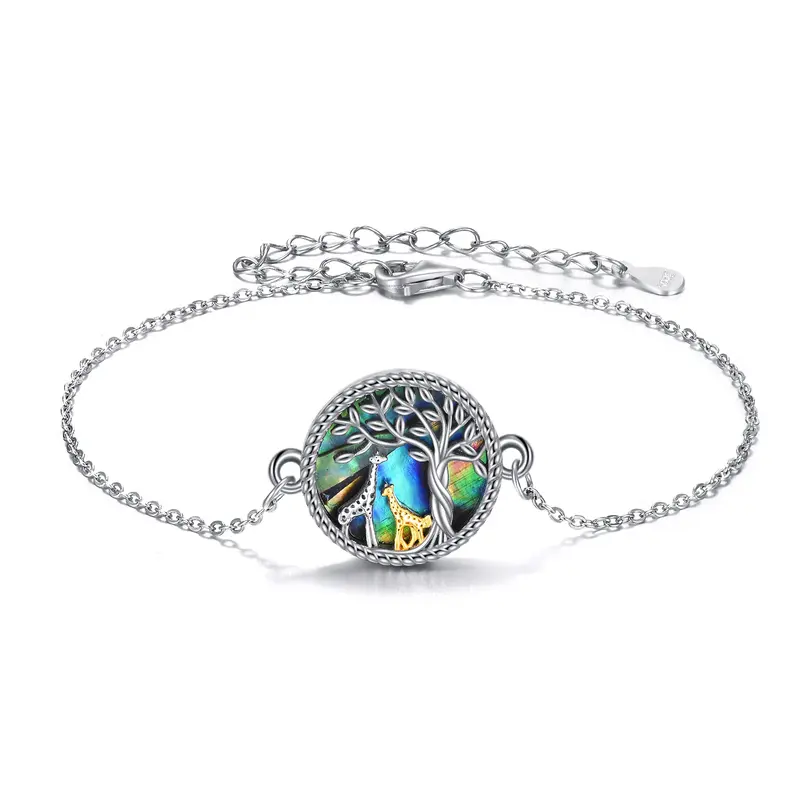 Sterling Silver Two-tone Circular Shaped Abalone Shellfish Giraffe & Tree Of Life Charm Bracelet