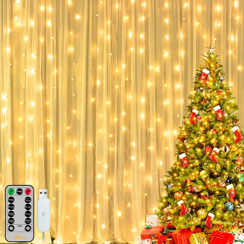 Ollny 200LED Curtain Lights, 6.6x6.6ft USB Fairy Lights Plug In Remote 8 Modes Dimmable Timer, Waterproof Outdoor String Ligh...