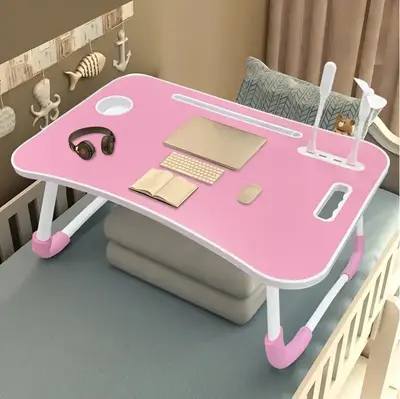1pc Oversized Portable Laptop Bed Table - Foldable & Durable Wooden Computer Tray with Cup Holder, Drawer, USB, Fan & Light -...